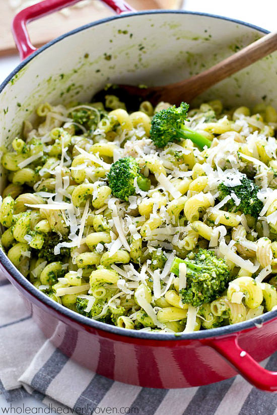 ut dinner on the table in 30 minutes flat with this imple chicken basil pesto pasta skillet that’s just loaded with healthy green goodness!
