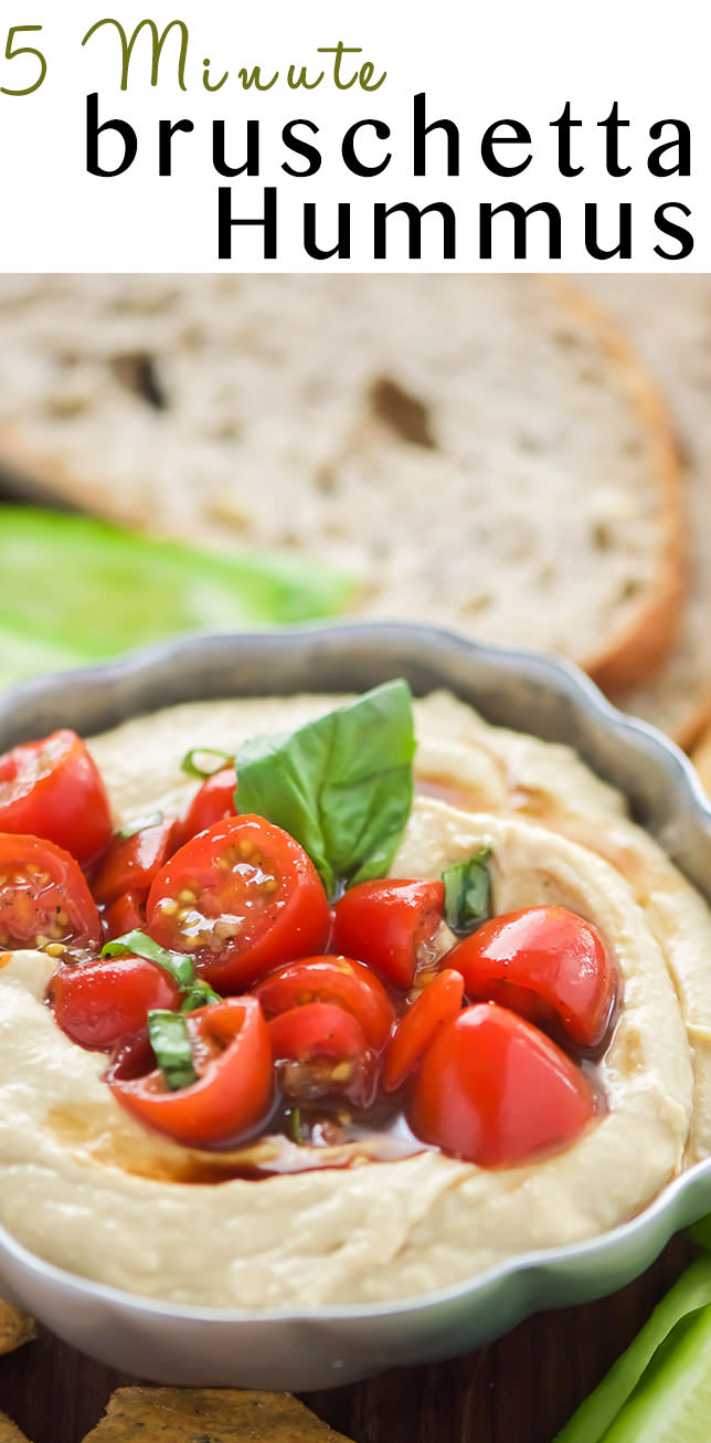 This 5 Minute Bruschetta Hummus is the ideal summer appetizer! The classic Italian flavors shine through with the homemade cherry tomato and garlic bruschetta that pairs perfectly with creamy hummus!