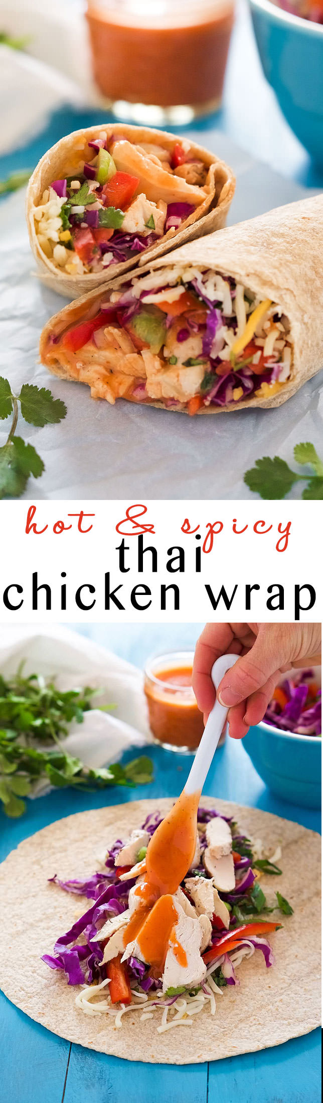 These Hot & Spicy Thai Chicken Wraps is the perfect quick dinner or lunch! Filled with a spicy Thai slaw, grilled chicken, pepper jack cheese and drizzled with an addicting Sriracha honey aioli!