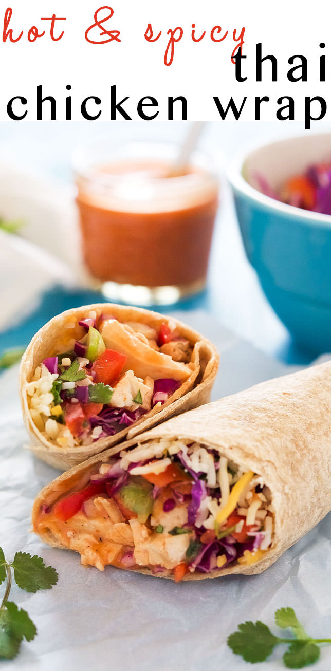 These Hot & Spicy Thai Chicken Wraps is the perfect quick dinner or lunch! Filled with a spicy Thai slaw, grilled chicken, pepper jack cheese and drizzled with an addicting Sriracha honey aioli!