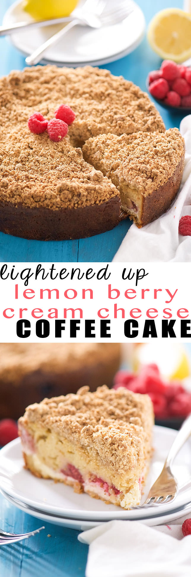 This Lemon Berry Cream Cheese Coffee Cake is the answer to your brunch prayers! A lightened up coffee cake that is bursting with spring flavors, filled with a creamy cream cheese swirl and a thick crumb layer!
