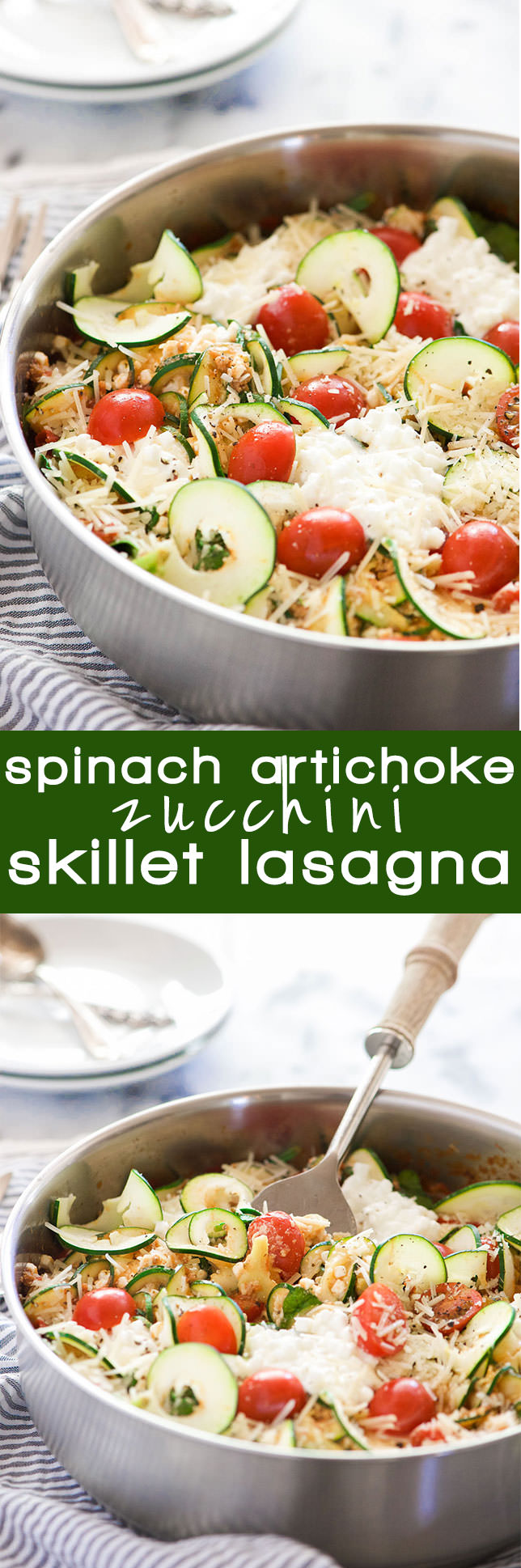 Spinach and Artichoke Skillet Zucchini Lasagna is a healthy, low-carb take on lasagna! Zucchini noodles mixed with spinach, artichokes and plenty of cheese makes this one pot dish a crowd pleaser!