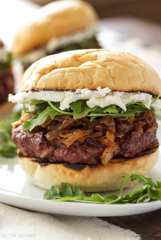 Light up that grill for these Bacon Burgers with Bourbon Caramelized Onions and Goat Cheese! Doesn't get much better than that for a weekend dinner!