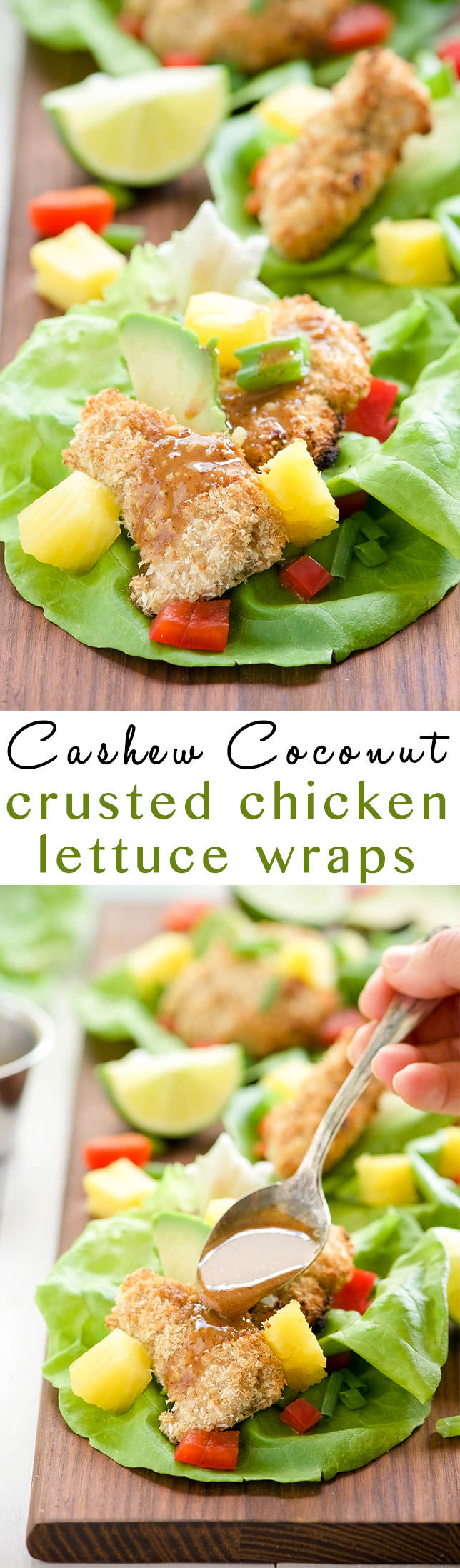 Cashew Coconut Crusted Chicken Lettuce Wraps are our new favorite hand held dinner! Every bite of chicken is encrusted in crunchy cashews and coconut then drizzled with a sweet and spicy Ancho Honey Mustard Sauce!