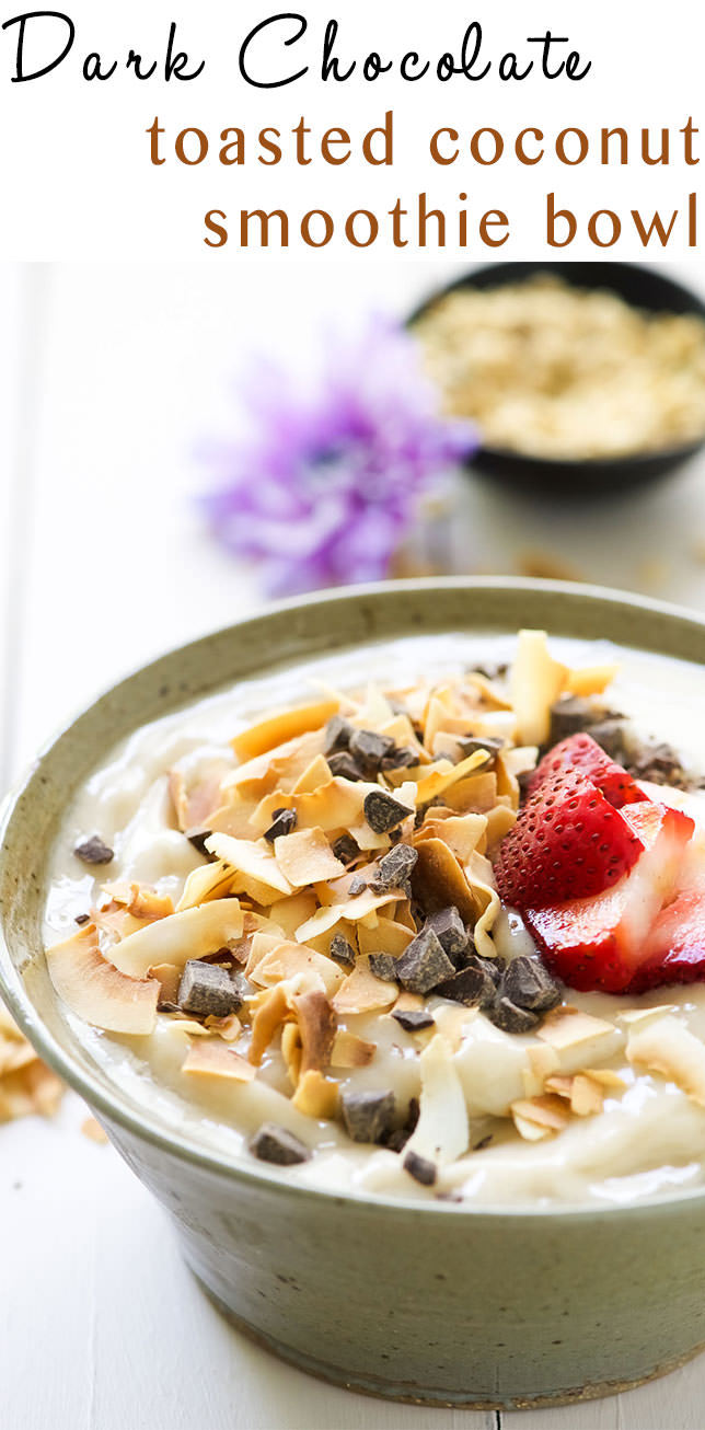 Dark Chocolate and Toasted Coconut Smoothie Bowl is a nutritious and fun twist on a smoothie! Filled with tropical flavors of banana and coconut and topped with dark chocolate, fruit, granola and chia seeds!