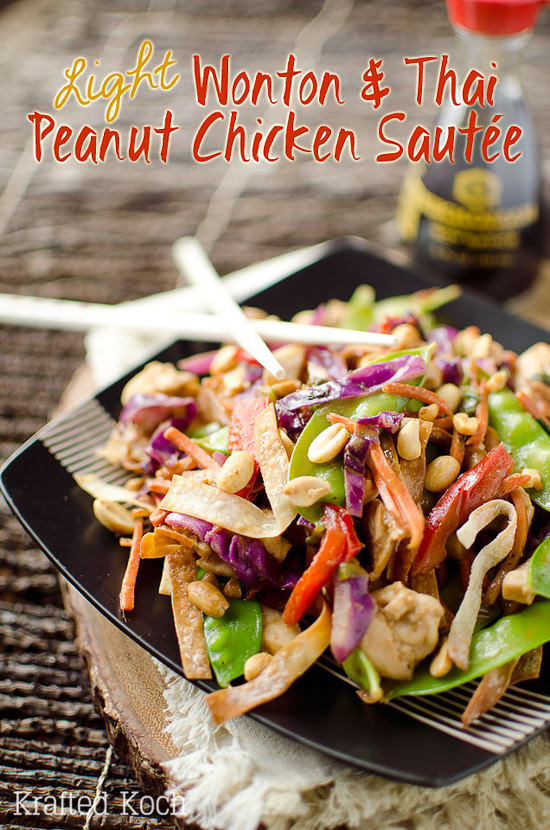 Light Wonton & Thai Peanut Chicken Sauté is a healthy and delicious dinner recipe loaded with vegetables, chicken and a spicy Thai peanut and coconut milk sauce.