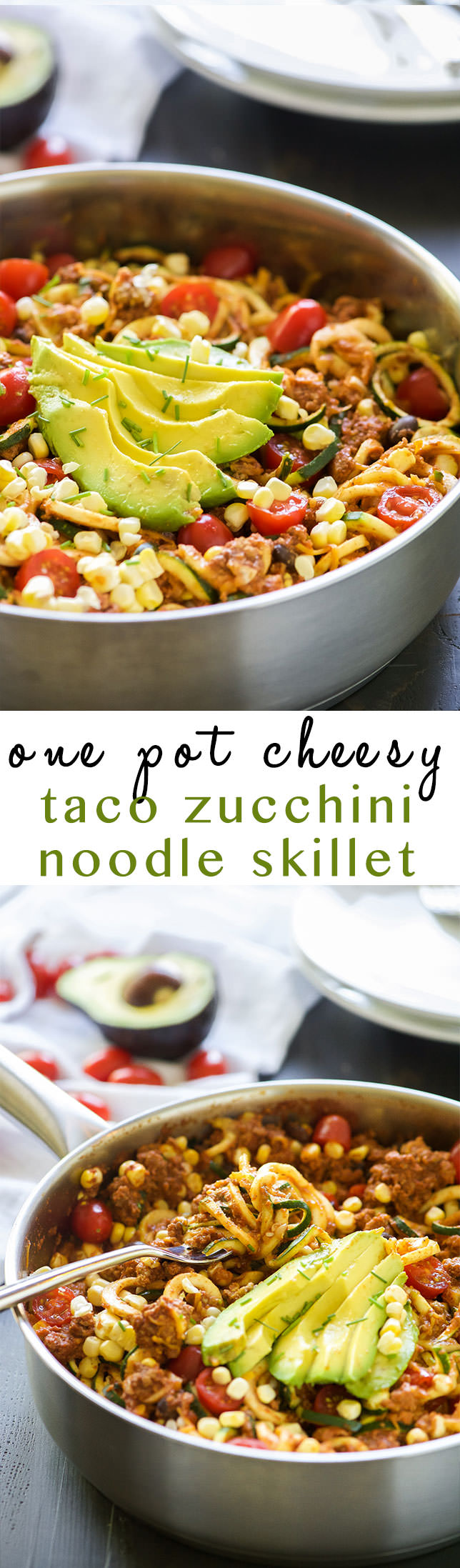 One Pot Cheesy Taco Zucchini Noodle Skillet is a healthy spin on Taco Tuesday! Zucchini noodles, enchilada spiced ground turkey, black beans, corn and creamy avocado help makeover this dish! 