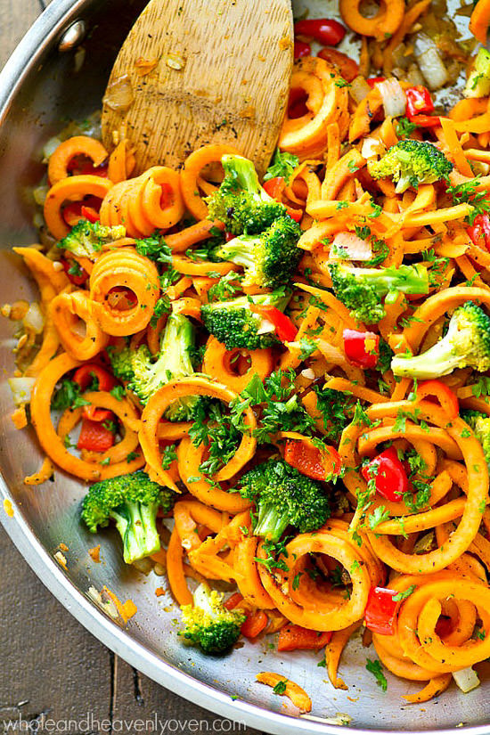 Kicked-up sweet potato noodles stir-fry style with lots of veggies! A super-easy dinner ready in 20 minutes with only 7 ingredients.
