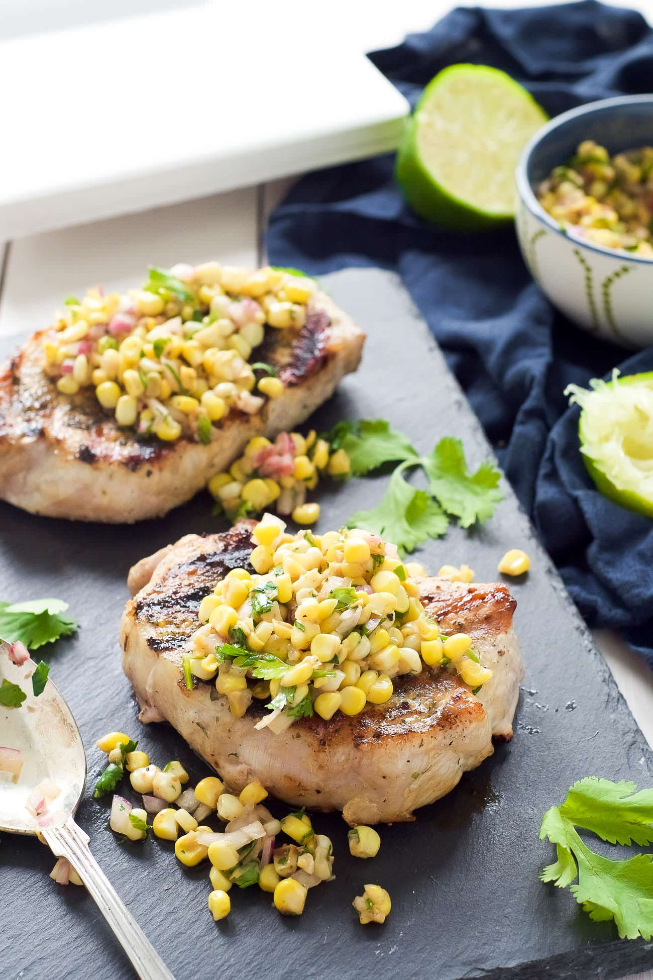Ranch Pork Chops with Grilled Jalapeno Corn Salsa is the perfect summer dinner! Fresh crisp corn is charred to perfection, mixed with jalapenos for a spicy salsa then served with juicy, grilled ranch pork chops! 
