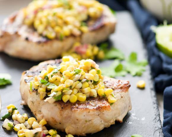 Ranch Pork Chops with Grilled Jalapeno Corn Salsa is the perfect summer dinner! Fresh crisp corn is charred to perfection, mixed with jalapenos for a spicy salsa then served with juicy, grilled ranch pork chops!