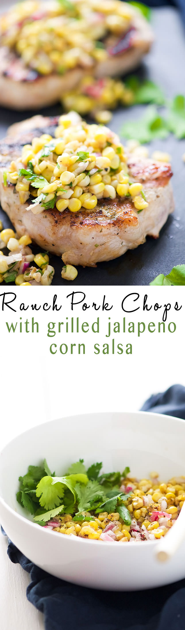 Ranch Pork Chops with Grilled Jalapeno Corn Salsa is the perfect summer dinner! Fresh crisp corn is charred to perfection, mixed with jalapenos for a spicy salsa then served with juicy, grilled ranch pork chops! 