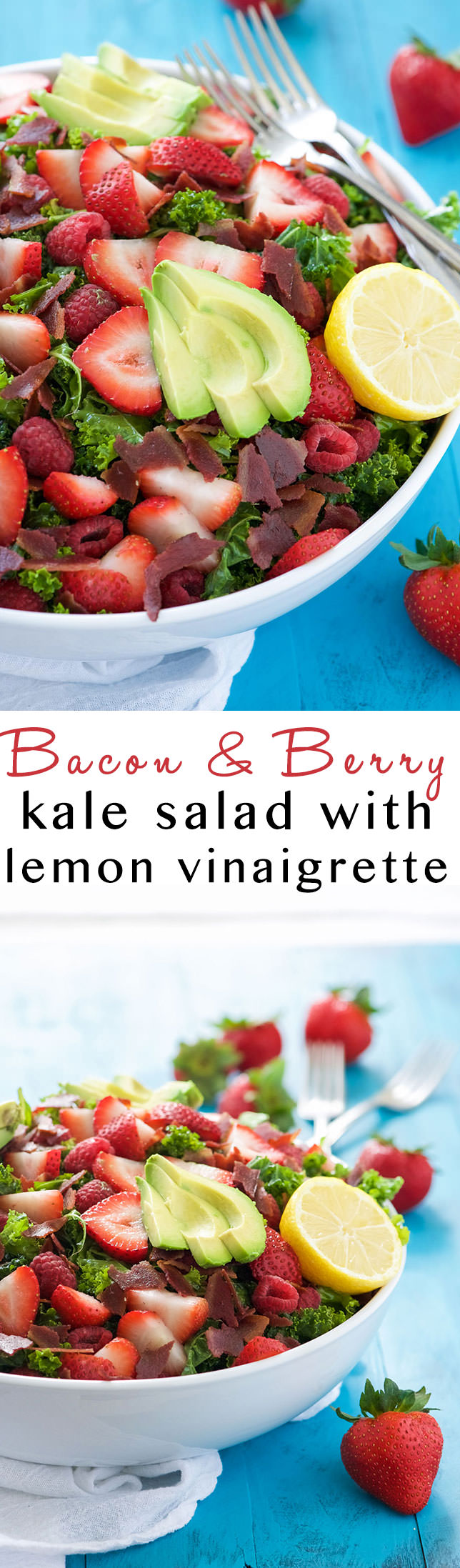 This Bacon & Berry Kale Salad with Honey Lemon Vinaigrette is a summertime superfood salad! Fresh kale tossed in a honey lemon vinaigrette and topped with fresh berries, creamy avocado, and crispy bacon! 