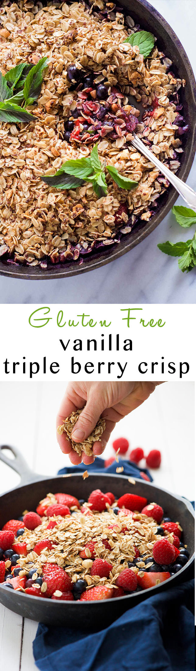 Gluten Free Vanilla Triple Berry Crisp is a simple 8 ingredient dessert that is bursting with fresh berries that bake into a juicy sauce; then topped with a sugary oatmeal topping. A gluten free and vegan dessert that is healthy enough for a breakfast treat!