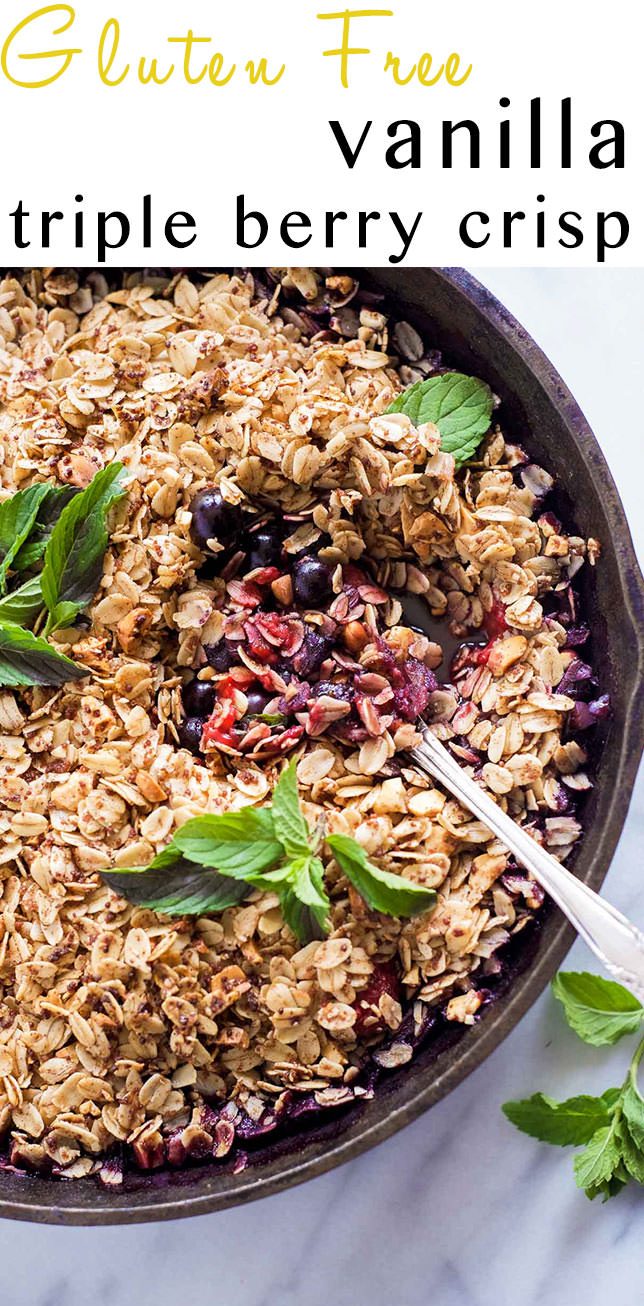 Gluten Free Vanilla Triple Berry Crisp is a simple 8 ingredient dessert that is bursting with fresh berries that bake into a juicy sauce; then topped with a sugary oatmeal topping. A gluten free and vegan dessert that is healthy enough for a breakfast treat!