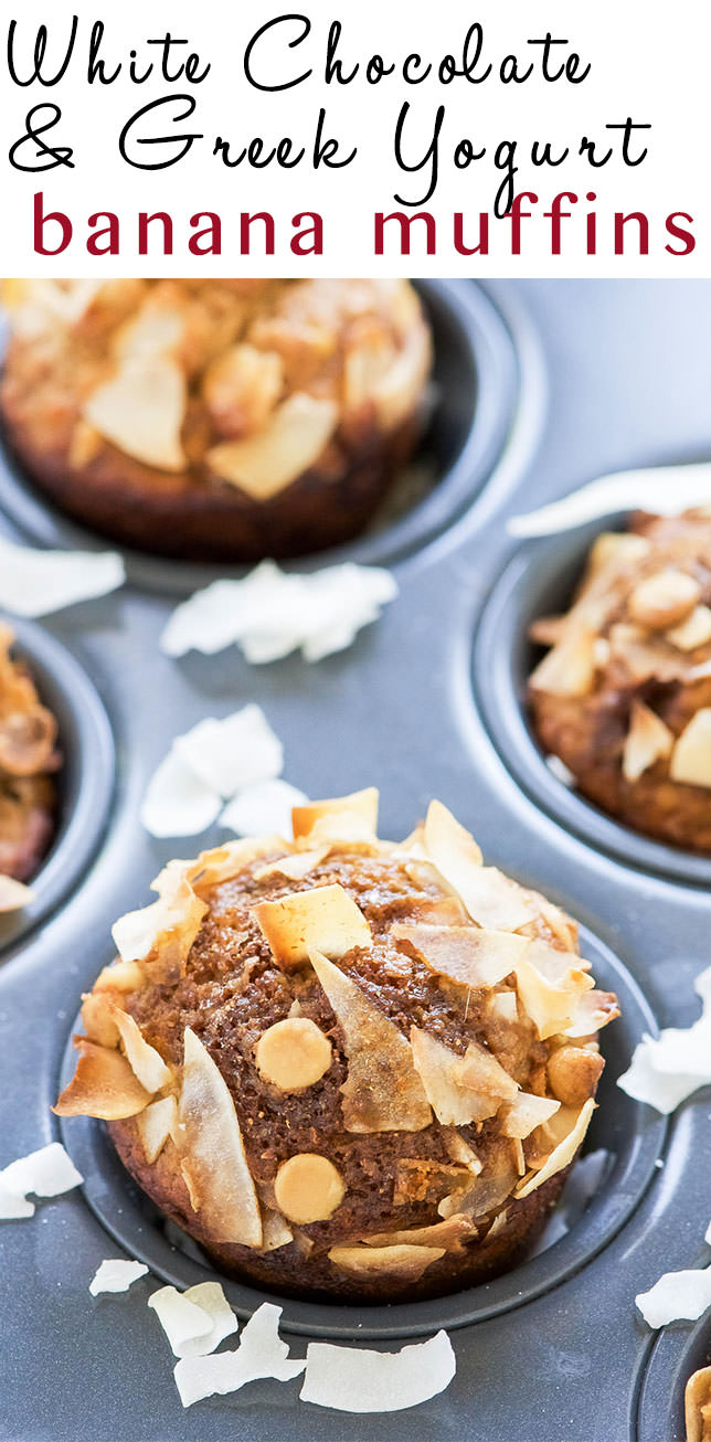 White Chocolate Greek Yogurt Banana Muffins are by far THE best banana muffins I have ever made! These muffins are packed with protein from greek yogurt, naturally sweetened with ripe bananas and filled with mini white chocolate chips!
