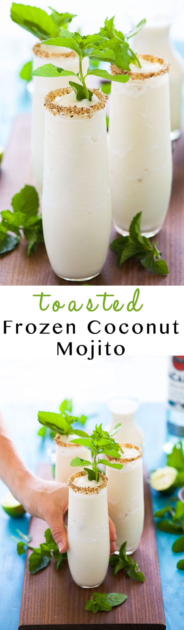 Toasted Frozen Coconut Mojito is a summer must have! Made lighter with fresh lime juice, a homemade mint simple syrup and then blended with coconut milk for a refreshing cocktail that you won't have troubles asking for seconds!