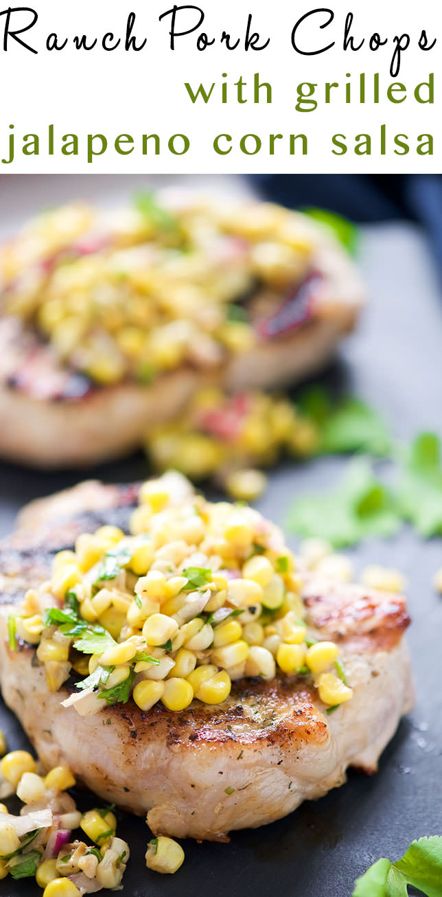 Ranch Pork Chops with Grilled Jalapeno Corn Salsa is the perfect summer dinner! Fresh crisp corn is charred to perfection, mixed with jalapenos for a spicy salsa then served with juicy, grilled ranch pork chops!