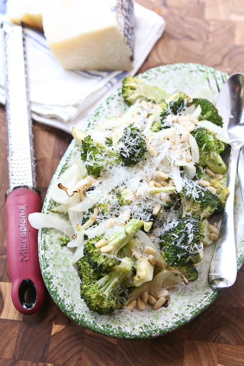 Grilled Broccolini and Vidalia Onion with Pine Nuts and Parmesan | Aggie's Kitchen