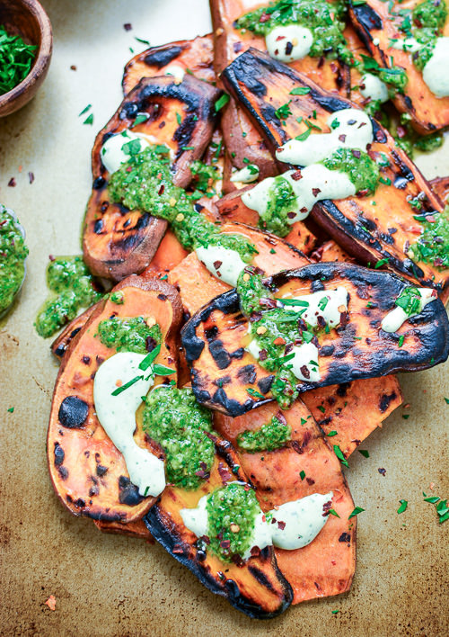Grilled Sweet Potatoes with Cilantro Cream and Chimichurri | Cooking and Beer