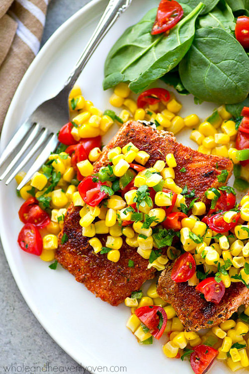 Tender grilled salmon with a smoky rub on the outside is a match made in heaven for a sweet corn pico de gallo piled on top. — This easy 30-minute dinner packs in a HUGE kick of flavors you’ll love!