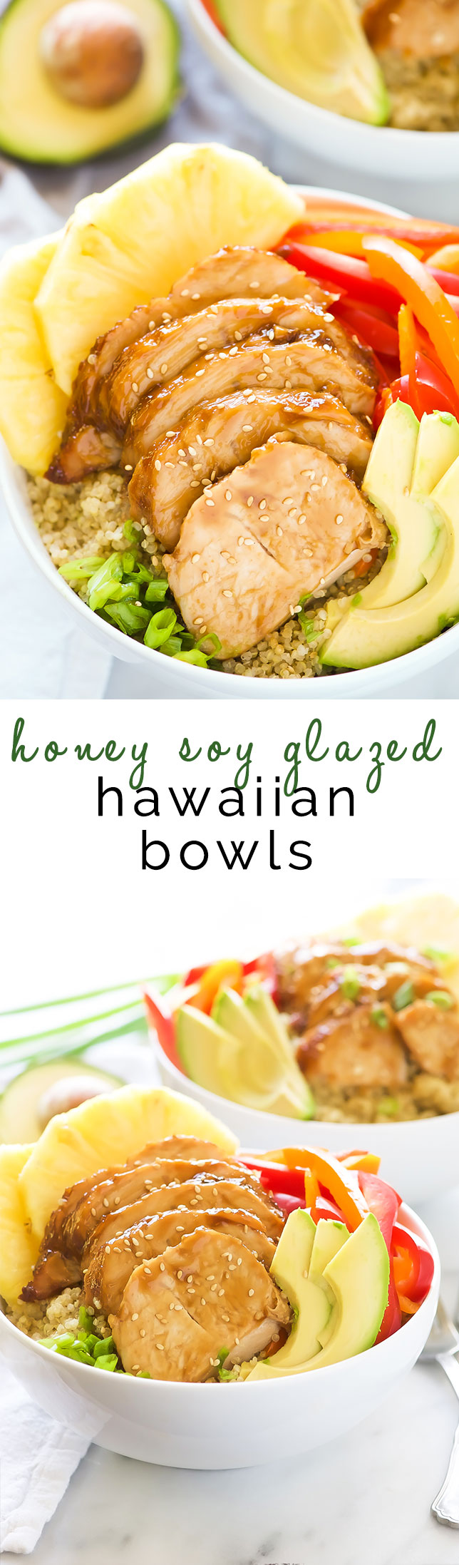 Honey Soy Glazed Hawaiian Bowls pack a serious flavor punch! Honey soy glazed turkey tenderloins are baked then added to a bowl filled with rice, juicy pineapple, peppers, onions, and avocados. This one dish wonder is perfect for any weeknight dinner!
