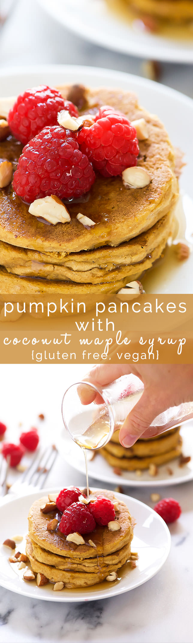 Gluten Free Pumpkin Pancakes are filled with fall flavors! They are super fluffy, have a touch of sweetness and finished with a warm coconut maple syrup! The ideal fall breakfast!