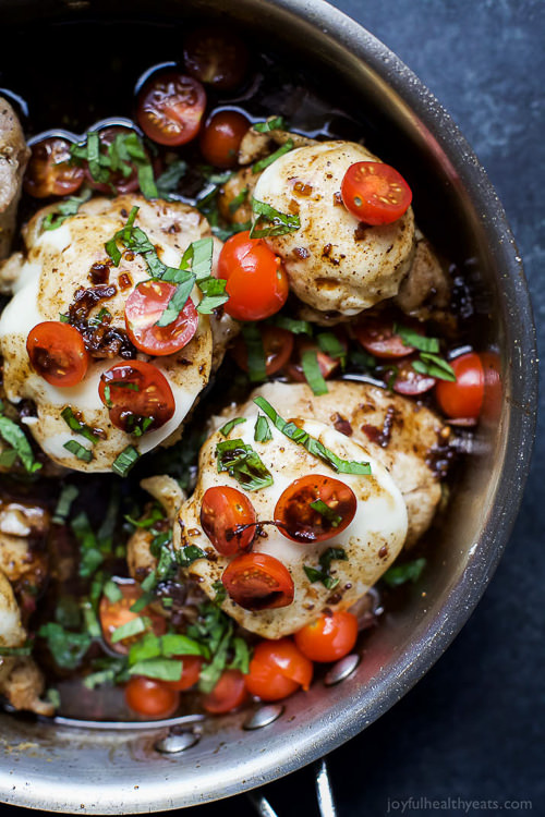  One Pan Balsamic Glazed Caprese Chicken – an easy recipe done in less than 40 minutes. Tender juicy Chicken cooked in a balsamic glaze. I guarantee your family will be begging for you to make this again!