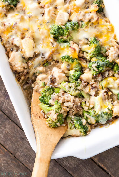 This Broccoli, Chicken and Cheese Wild Rice Casserole is a healthy and delicious dinner that can be made ahead of time, perfect for busy nights! Whole grain, lightened up with Greek yogurt and plenty of cheese so kids will love it too!