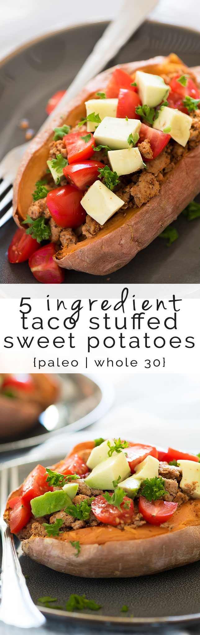 Stuffed sweet potatoes, healthy, recipes, paleo, whole 30, turkey, taco, Mexican, easy, southwest, baked, avocado, 21 day fix, clean, dairy free