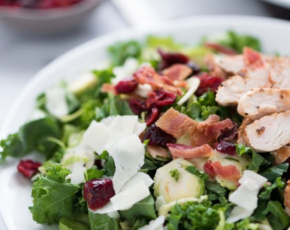 Shredded Brussels Sprouts salad, with bacon, healthy, cranberries, recipe, gluten free, dried cranberries, cheese, parmesan,