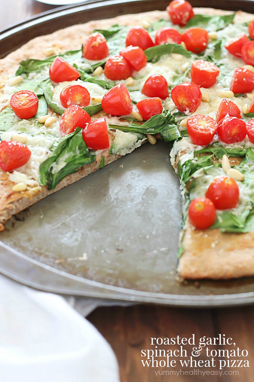 Roasted Garlic, Spinach & Tomato Whole Wheat Pizza – satisfyingly healthy, vegetarian meal the whole family will love!